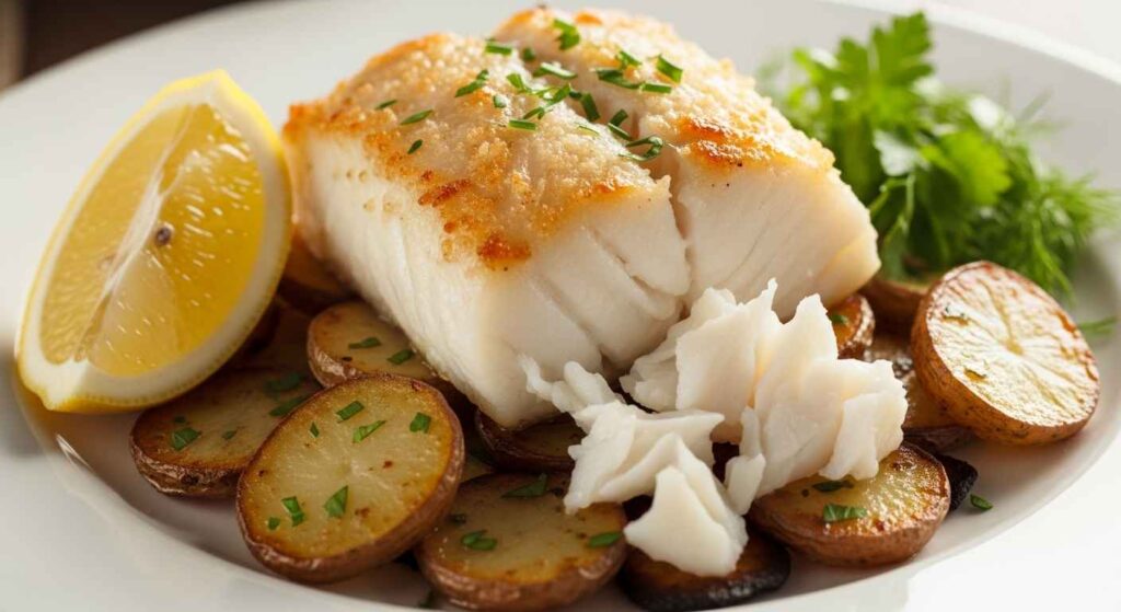 Finished cod dish served with salad on a plate