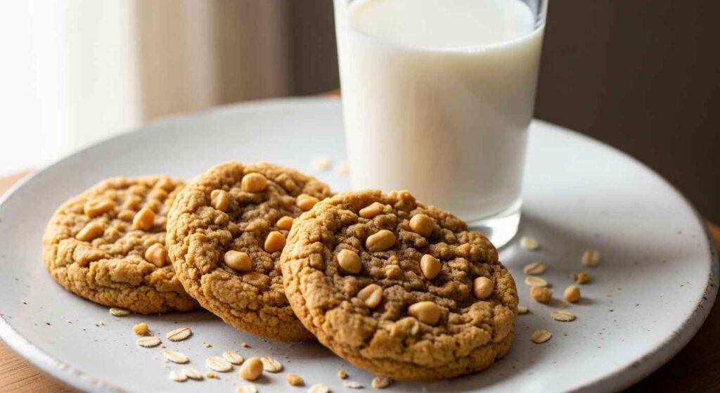 Chewy peanut butter oatmeal cookies next to milk.