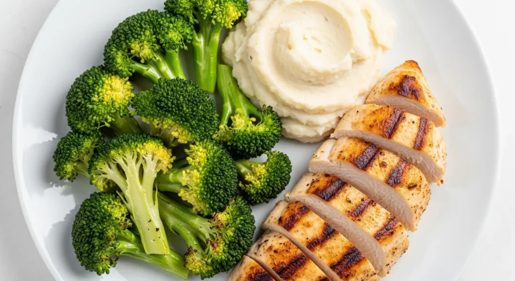 Plate of garlic mashed cauliflower with grilled chicken and roasted broccoli.