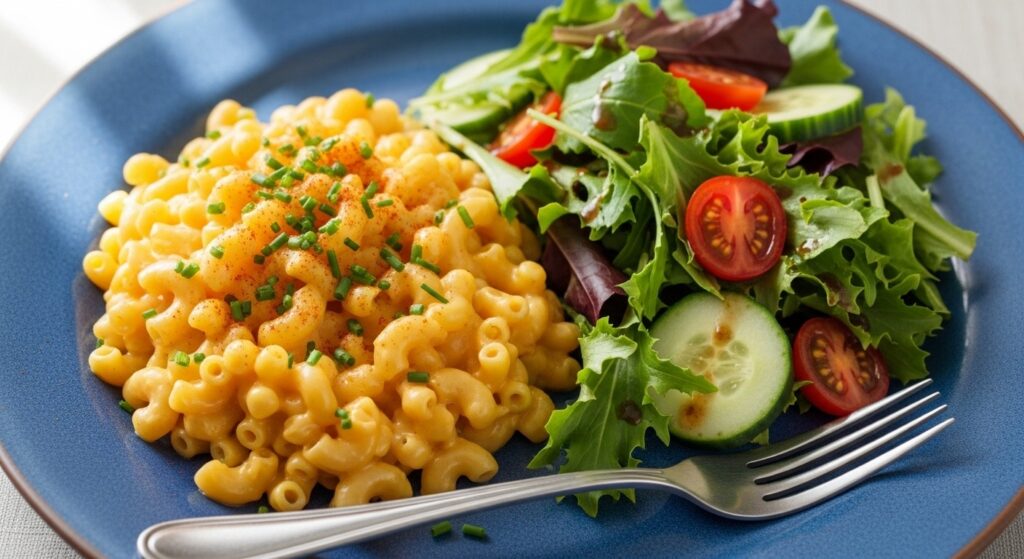 Plate of mac and cheese next to a salad.