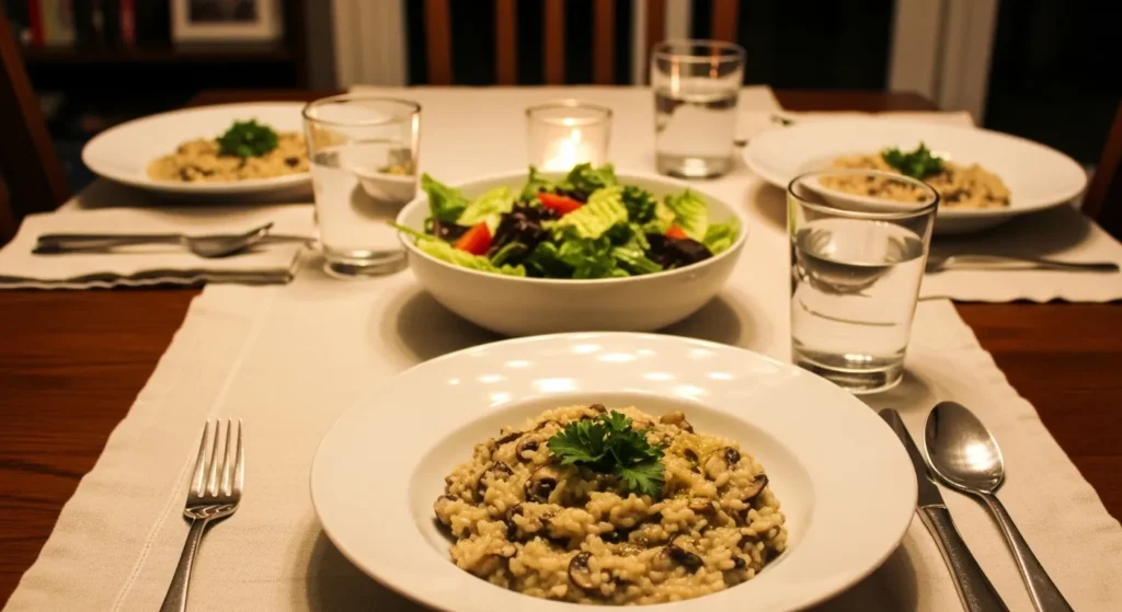 Table set with bowls of mushroom risotto and green salad.