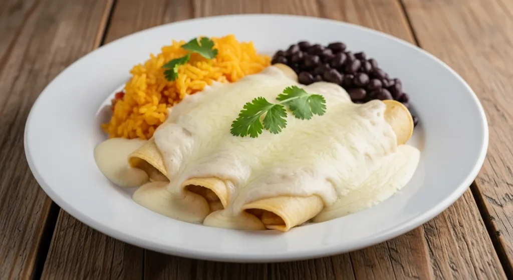 Plate of enchiladas topped with sour cream sauce and sides