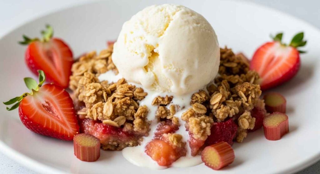 Plate of strawberry rhubarb crisp with melting ice cream.