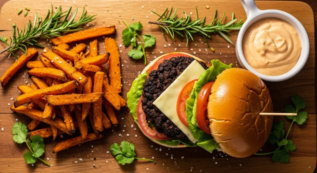 Baked sweet potato fries served as a side with burger.