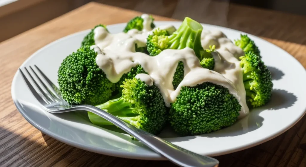 Thick white sauce poured on green vegetables.