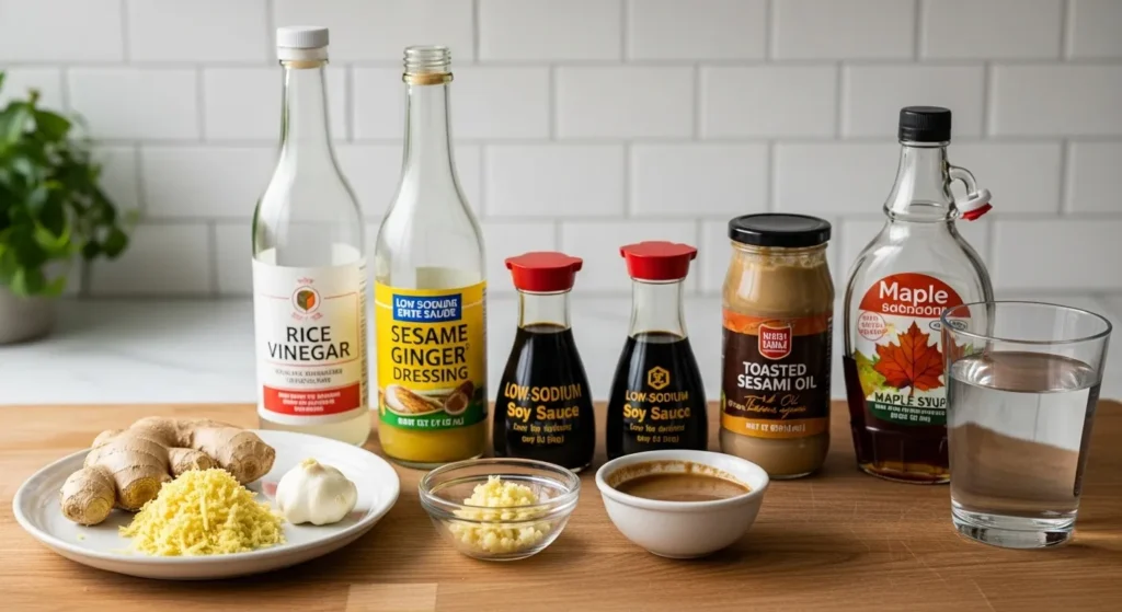 Ingredients for homemade sesame ginger dressing including ginger, garlic, and sesame oil.
