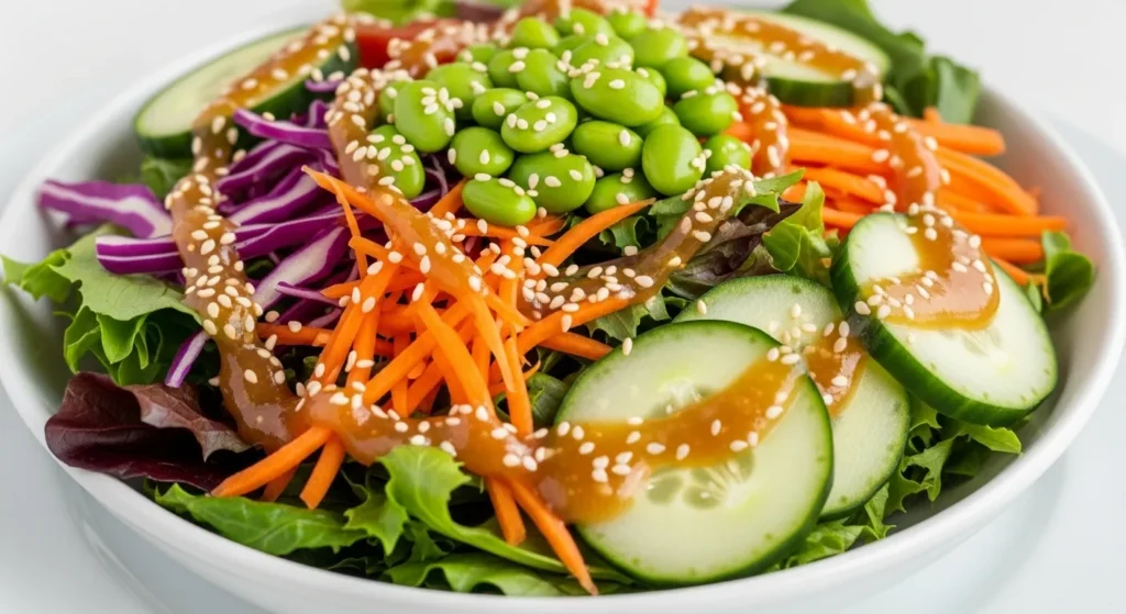 Vibrant salad topped with sesame ginger dressing.