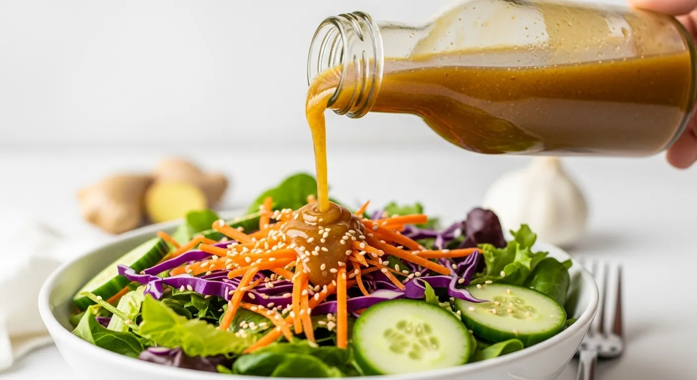 Thumbnail of sesame ginger dressing over a fresh salad.