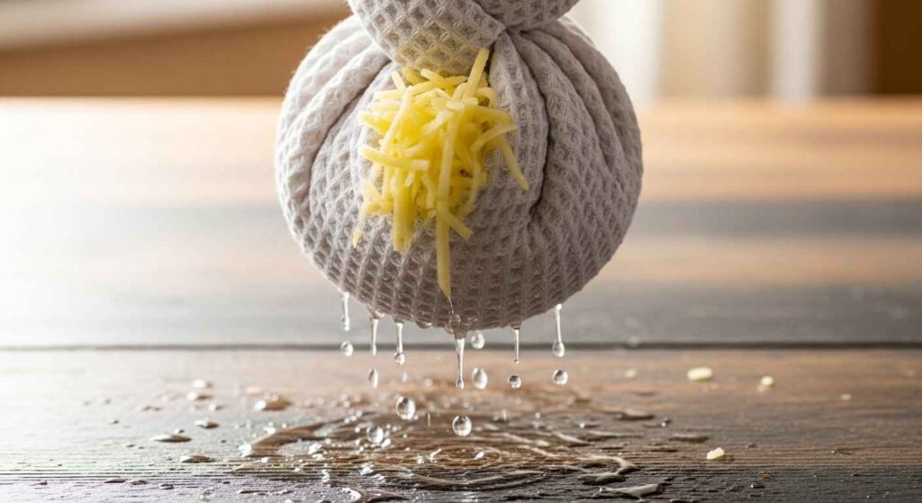 Person shredding russet potatoes on a grater.