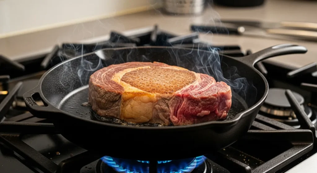 Sizzling ribeye steak searing in cast iron skillet.
