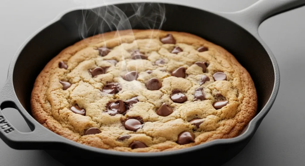 Gooey skillet cookie in cast iron pan.