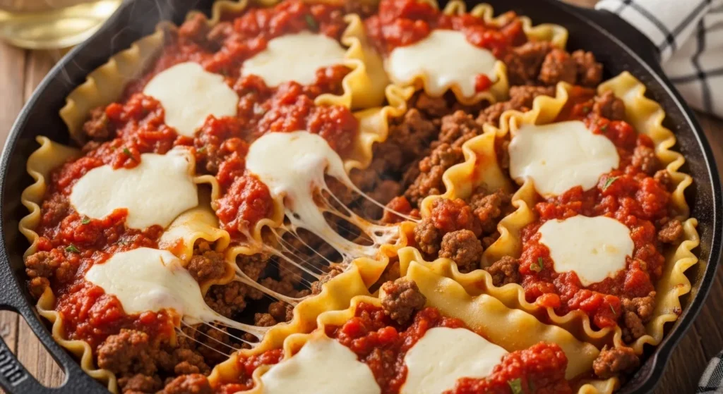 Skillet lasagna with ground beef and cheese in a pan.