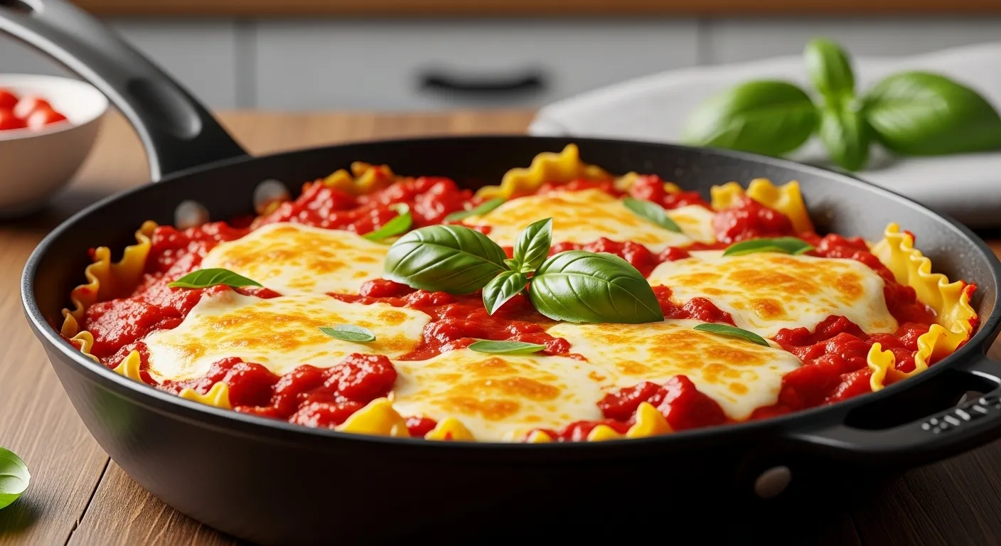 Skillet lasagna with melted cheese and basil.