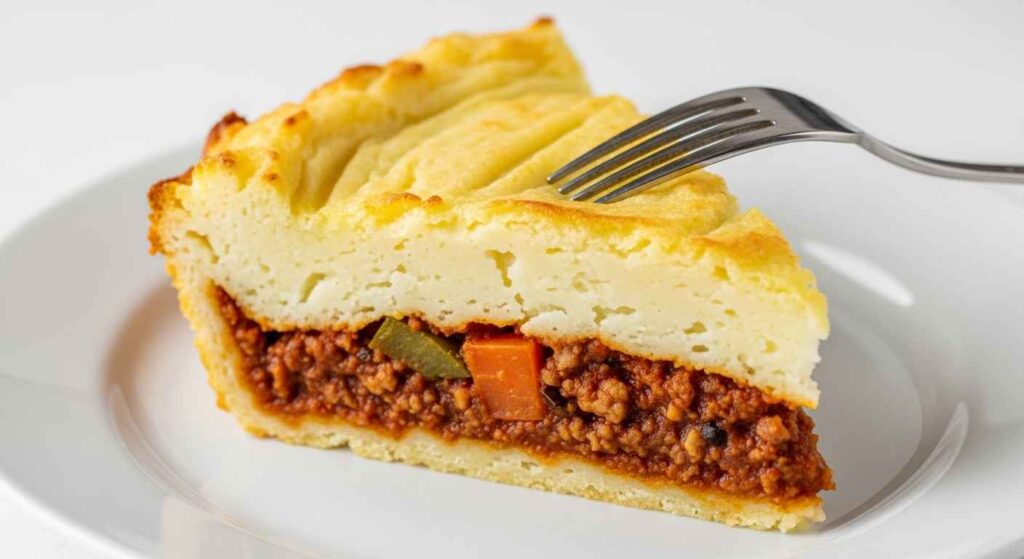 Slice of vegetarian shepherd’s pie showing layers of filling and topping.
