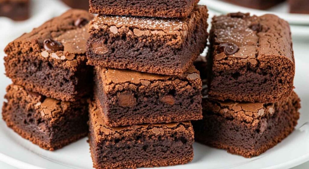 Sliced fudgy brownies on a white plate.