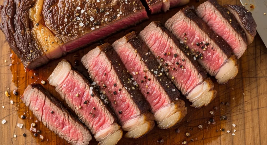 Sliced ribeye steak showing pink center and browned exterior.