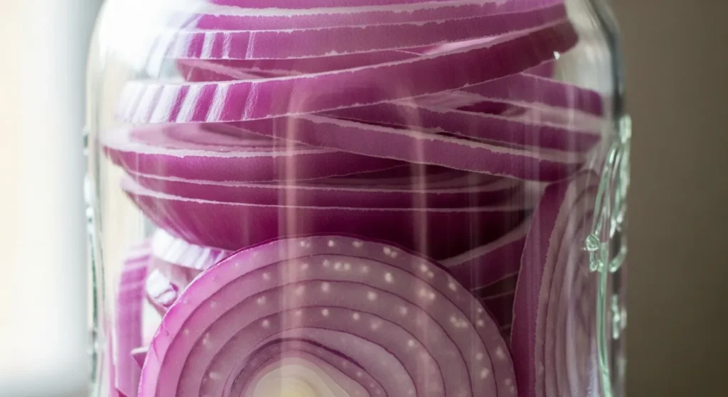 Fresh red onions sliced thin in a glass jar for pickling.