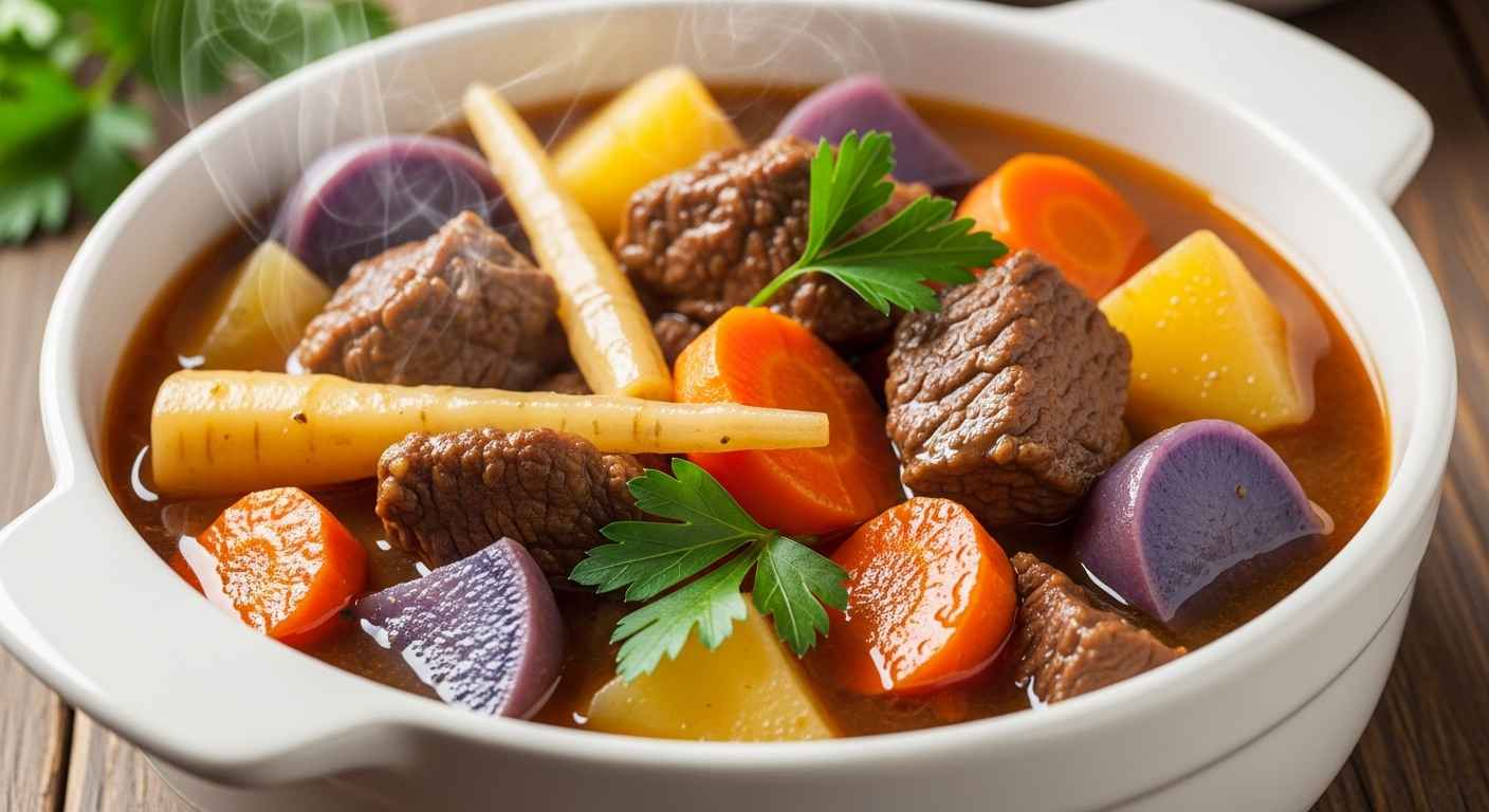 Thumbnail of easy slow cooker beef stew recipe featuring tender beef and fresh root veggies.