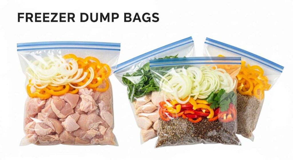 Comparison chart showing weekly fresh prep, freezer dump bags, and batch cooking methods for slow cooker meal prep