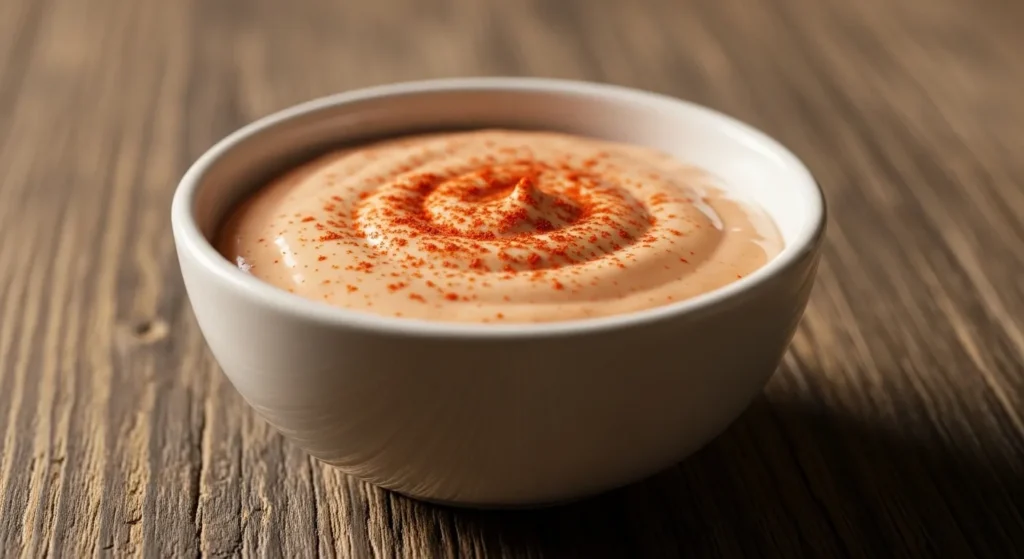 Creamy smash burger sauce in a small white bowl with a spoon.