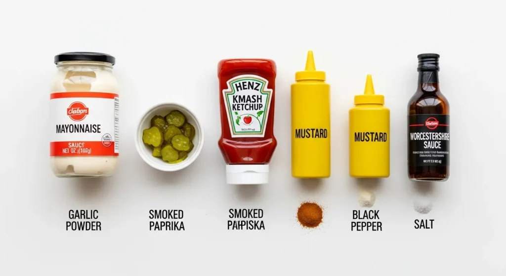  Ingredients for smash burger sauce arranged on a table.