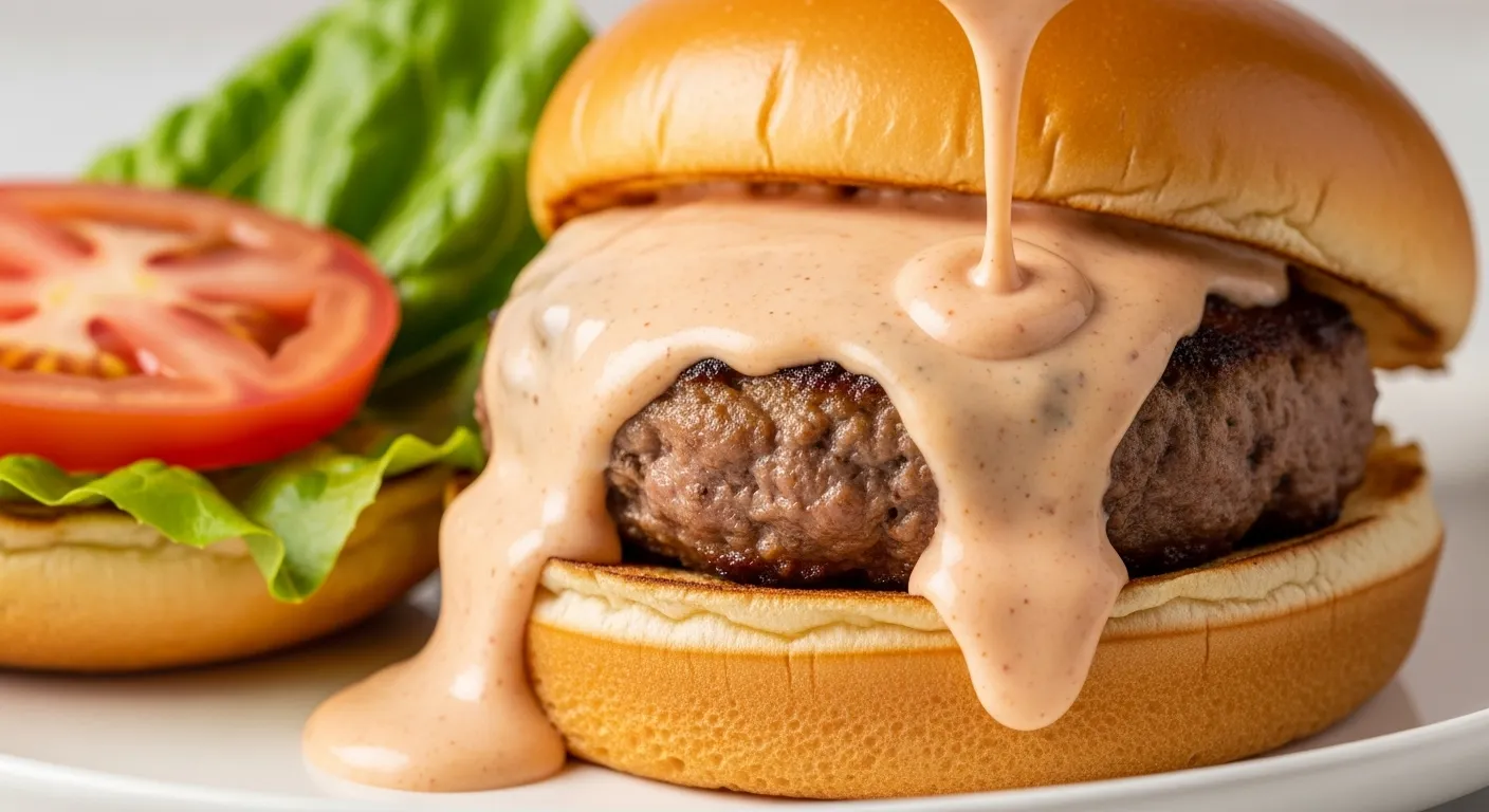 Smash burger with creamy sauce on a bun with lettuce.