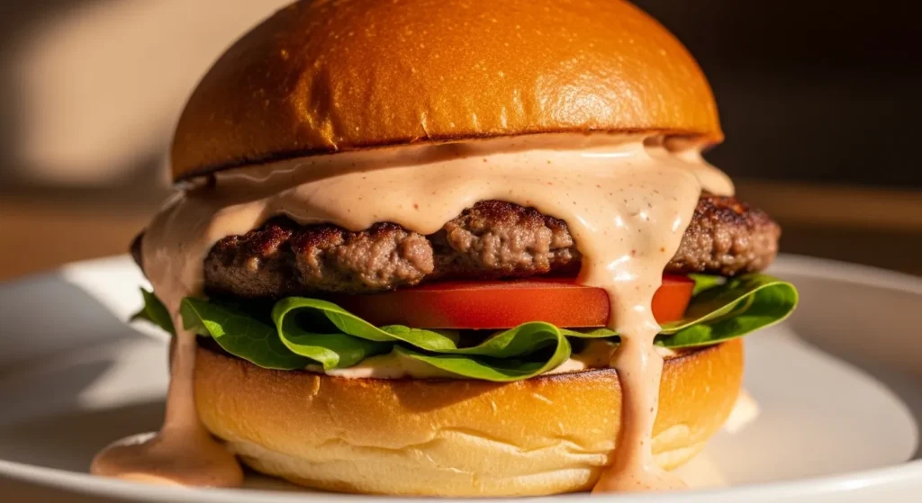 Smash burger with sauce on a bun with lettuce and tomato.