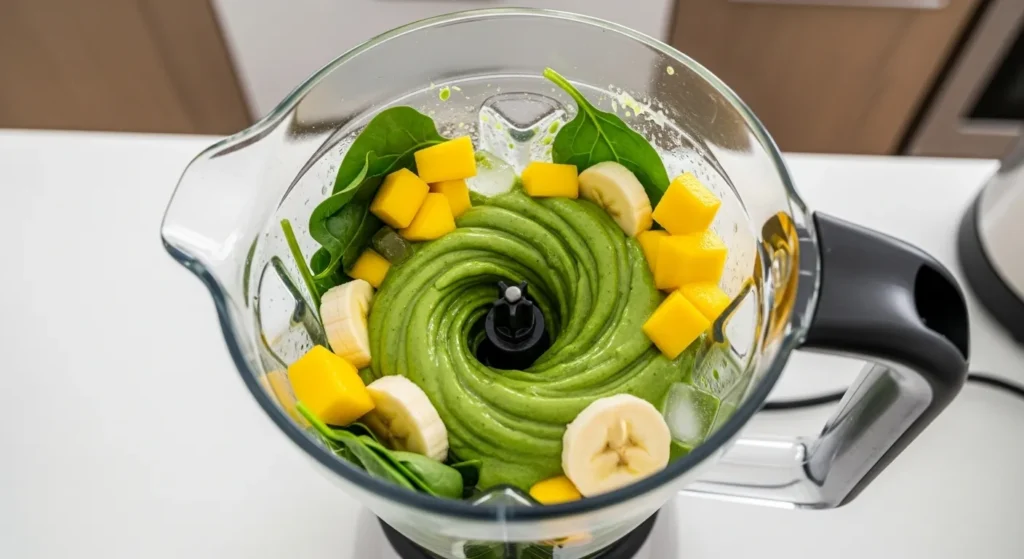 Blender with green smoothie ingredients.