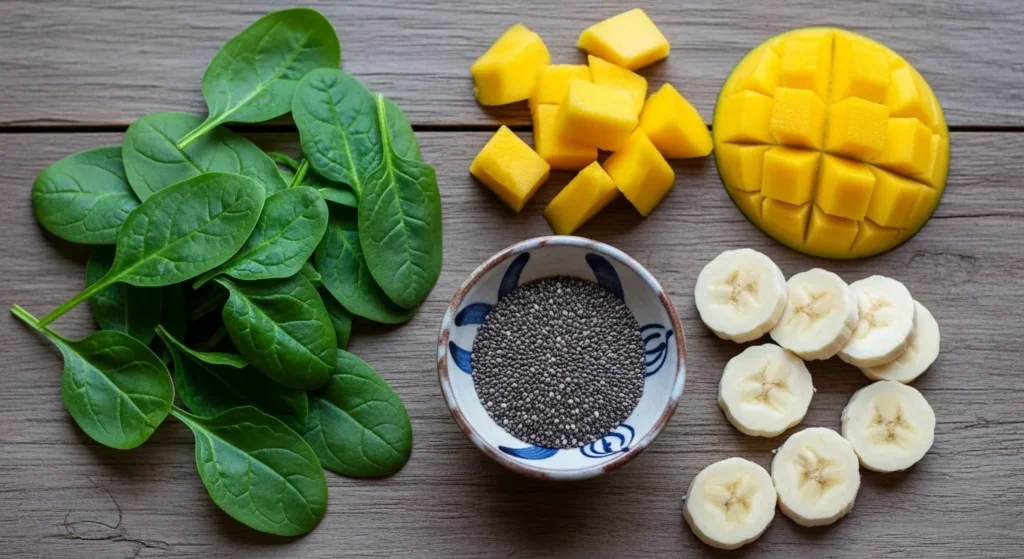 Spinach, mango, banana, and chia seeds on a table.