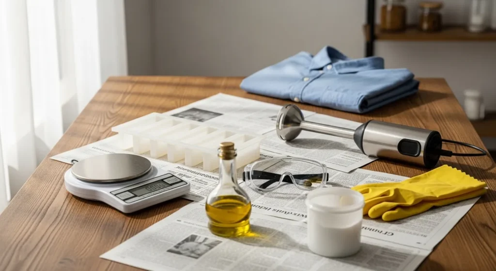  Digital scale, silicone mold, immersion blender, and safety gear on a workspace.