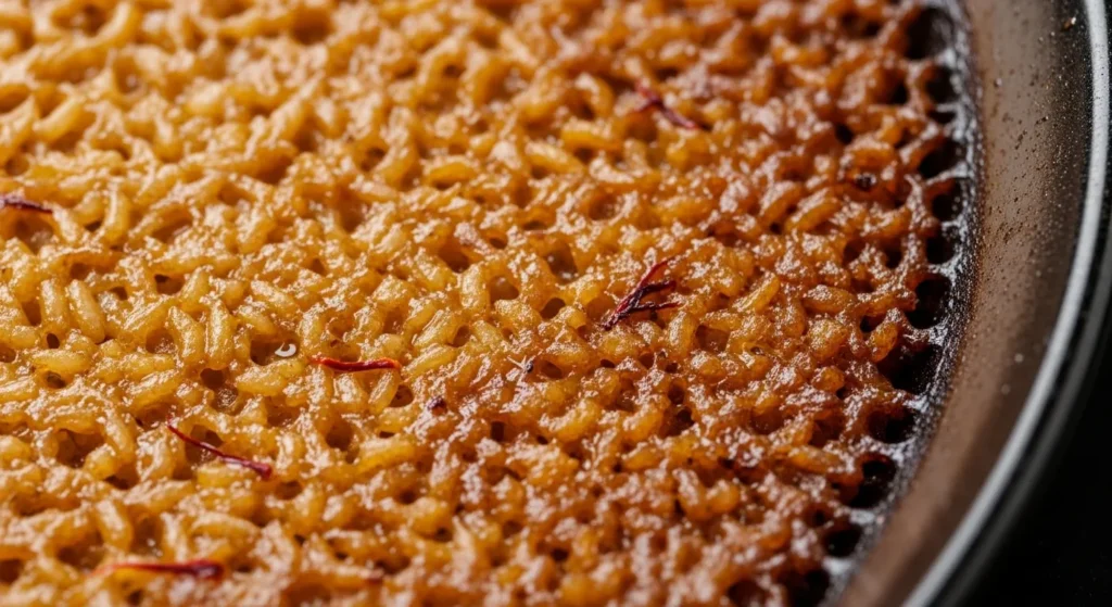 Close-up of golden, crispy socarrat rice at the bottom of a paella pan.