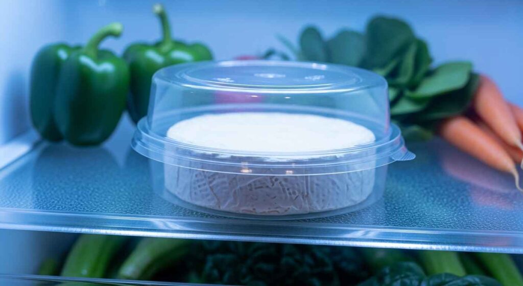 Brie wheel in a clear airtight container.