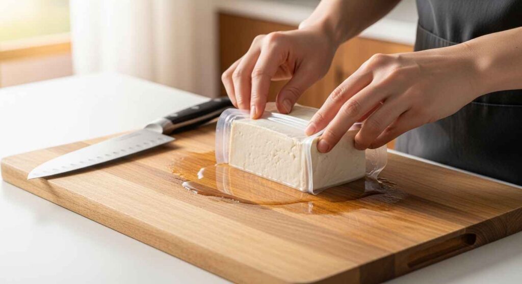 Hands gently removing soft tofu from package and slicing with sharp knife