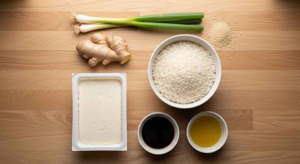 Soft tofu package, bowl of rice, soy sauce, sesame oil, and fresh herbs arranged for cooking