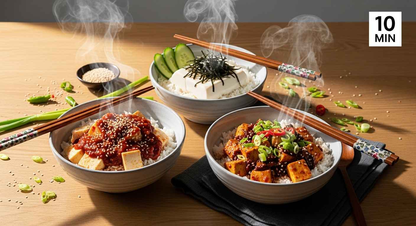 Professional food photography showing three bowls of soft tofu rice recipes in Korean, Japanese and Chinese styles on wooden table