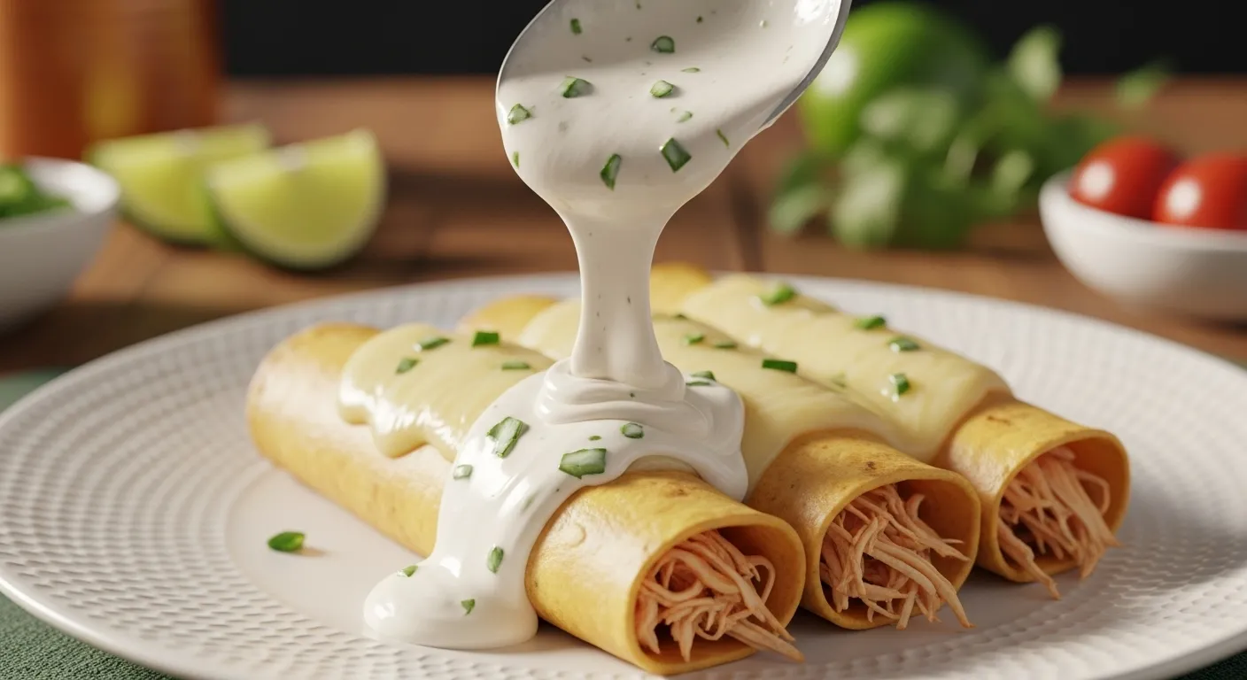 Eye-catching thumbnail of homemade sour cream enchilada sauce on enchiladas