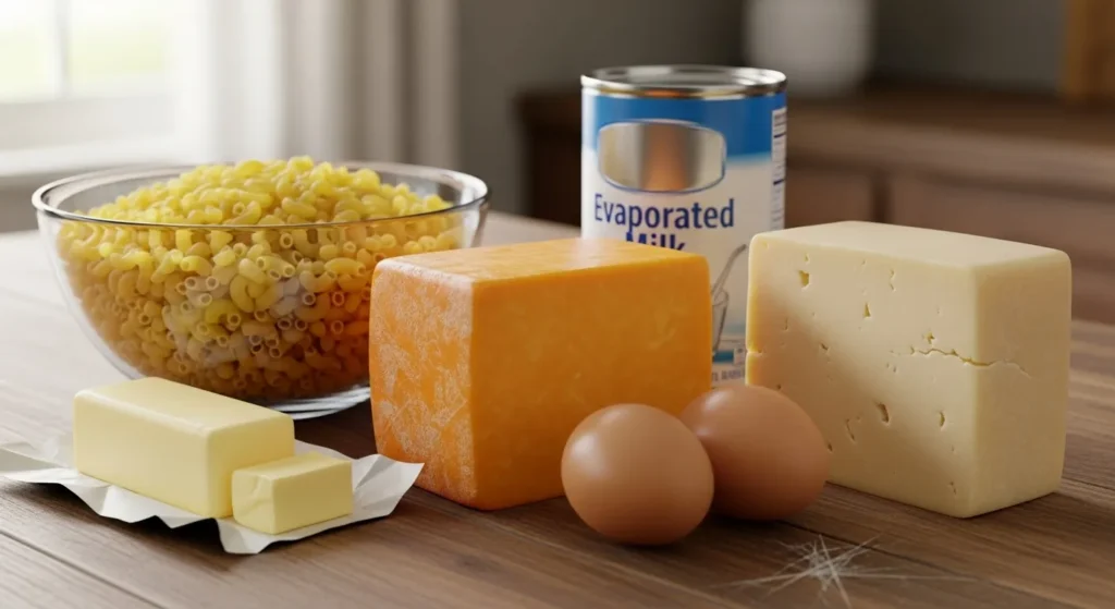 Ingredients for creamy southern mac and cheese recipe with eggs and cheeses.
