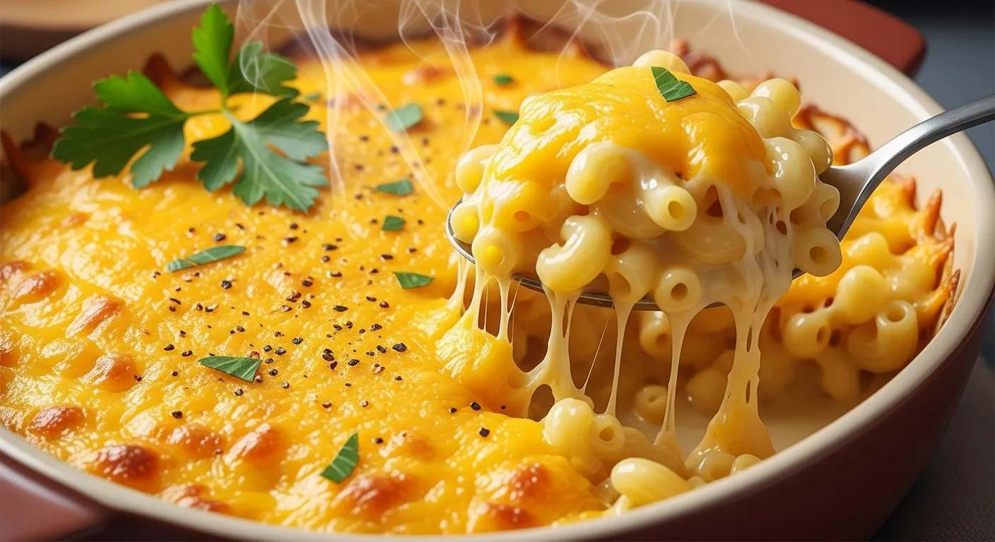 Thumbnail of baked Southern mac and cheese with cheesy pull.