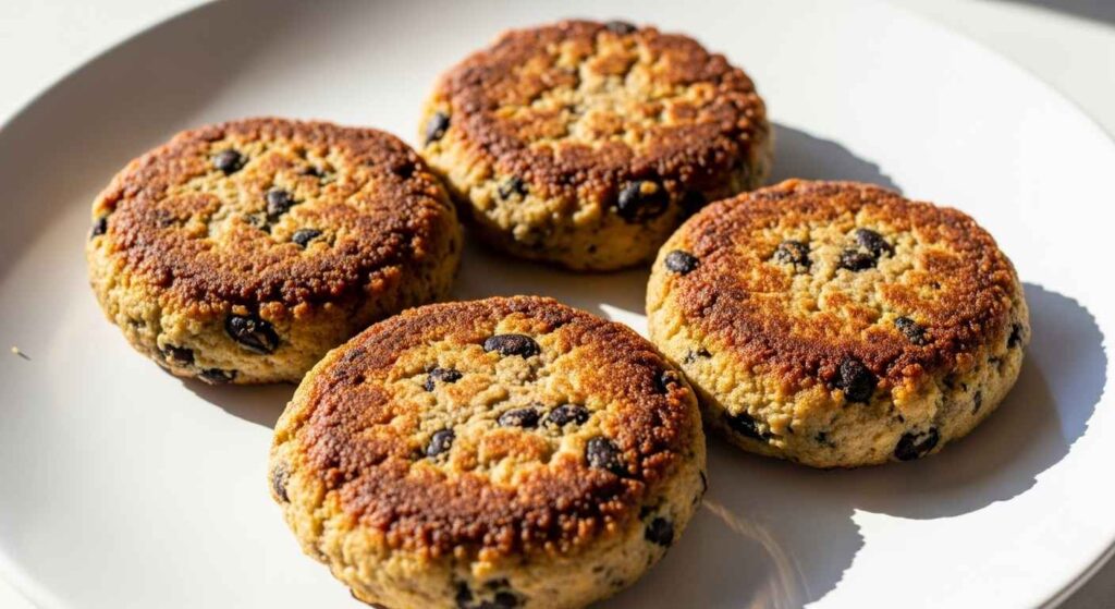 Golden brown spicy black bean burgers on a white plate.