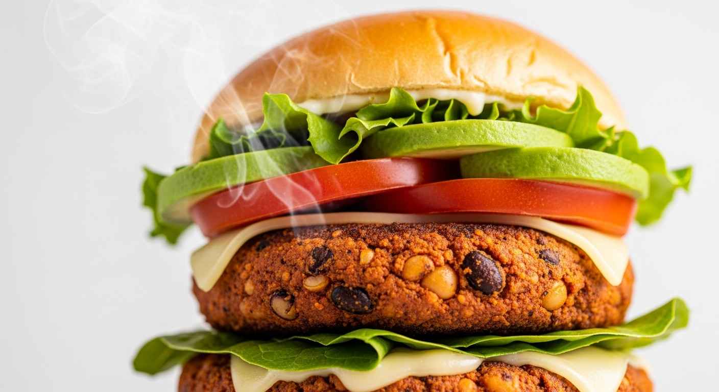 Close-up of spicy black bean burger on bun with fresh toppings.