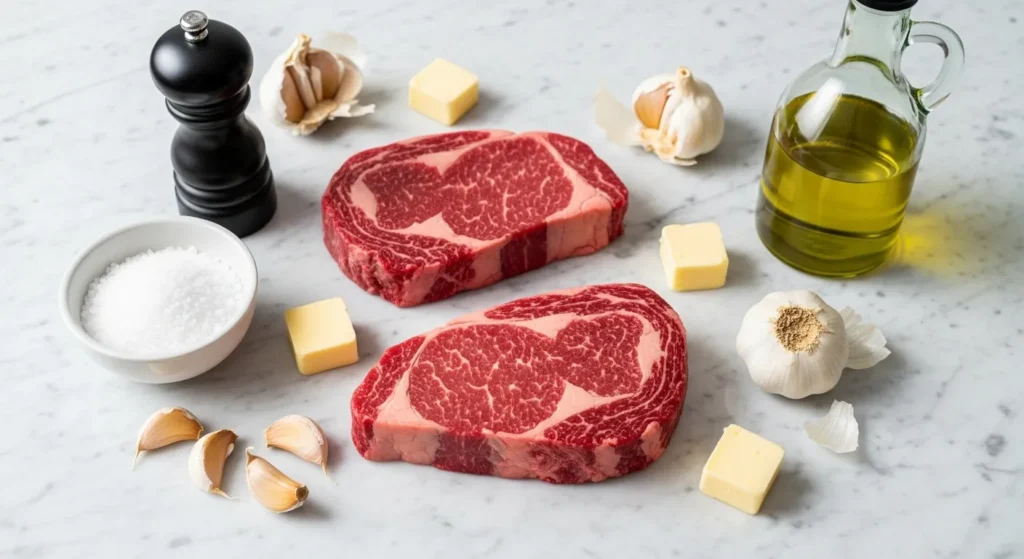 Kosher salt, pepper, oil, and ribeye steaks on a counter