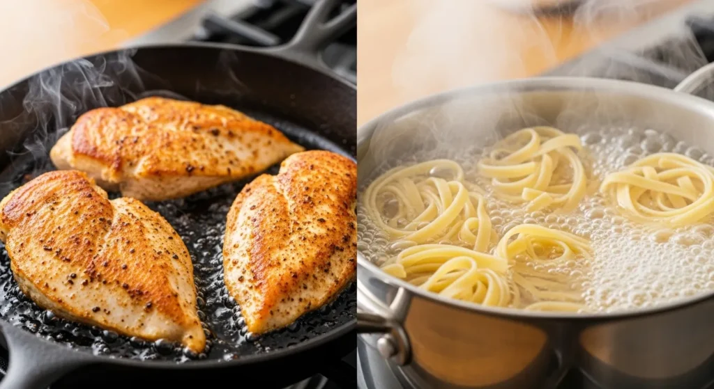 Steps to make easy chicken alfredo.