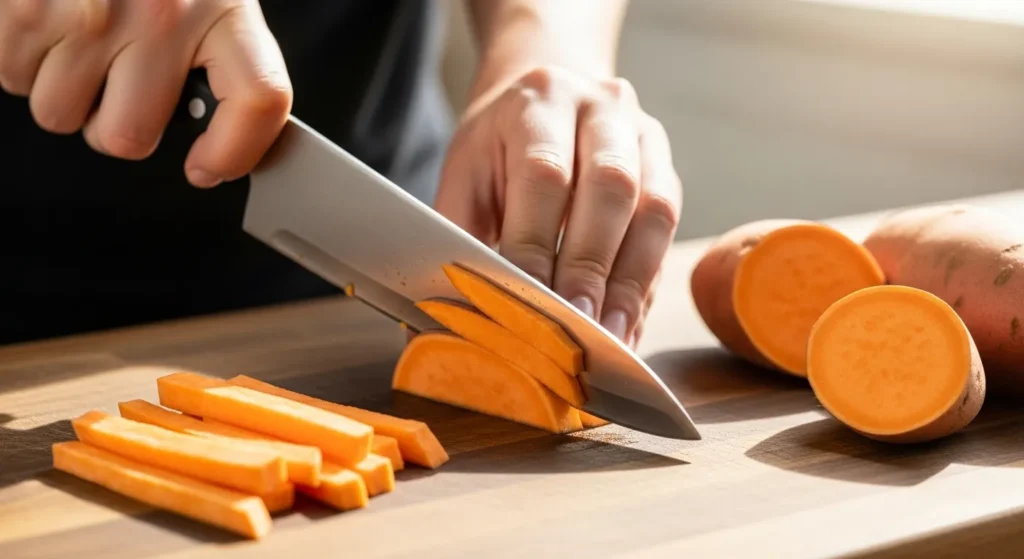 Preparing sweet potato fries by slicing.