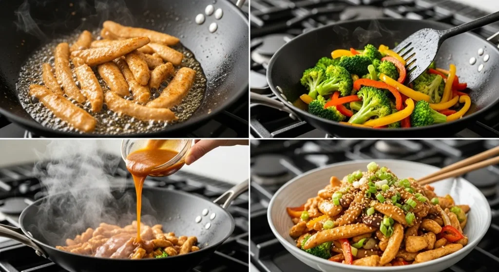 Step-by-step images of browning chicken, stir-frying veggies, adding sauce, and final dish.