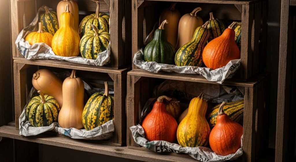 Winter squash in open storage crates.