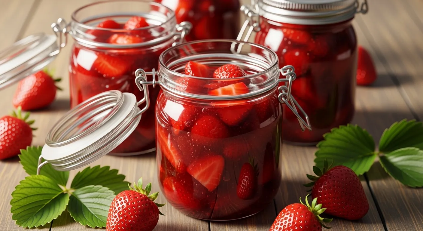 Thumbnail of canned strawberry jam with berries.