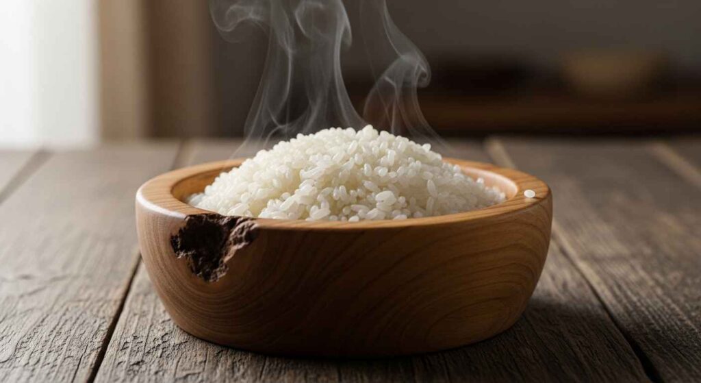 Bowl of cooled sushi rice for rolls.