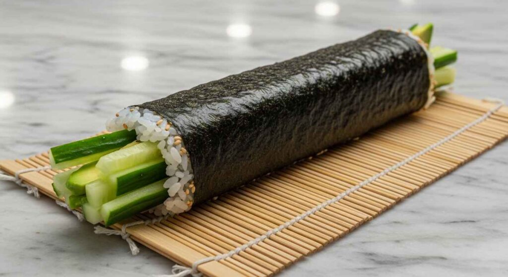 Unc ut sushi roll on bamboo mat.