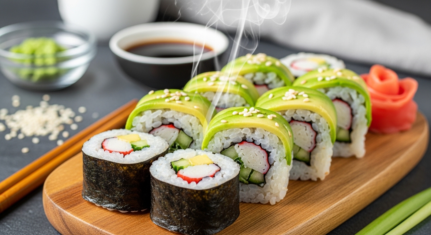 Vibrant thumbnail of sliced homemade sushi rolls.