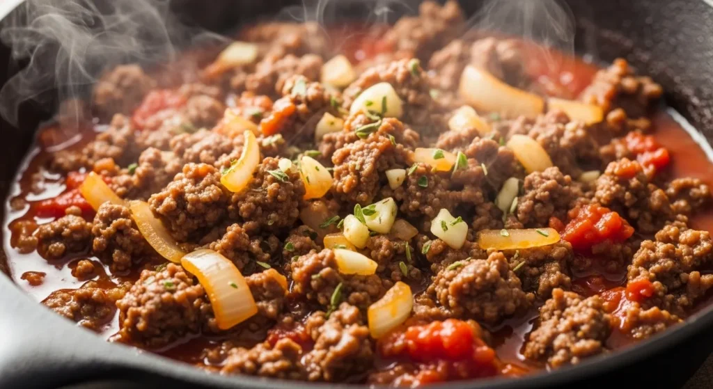 Skillet of ground beef taco meat cooking on stove.